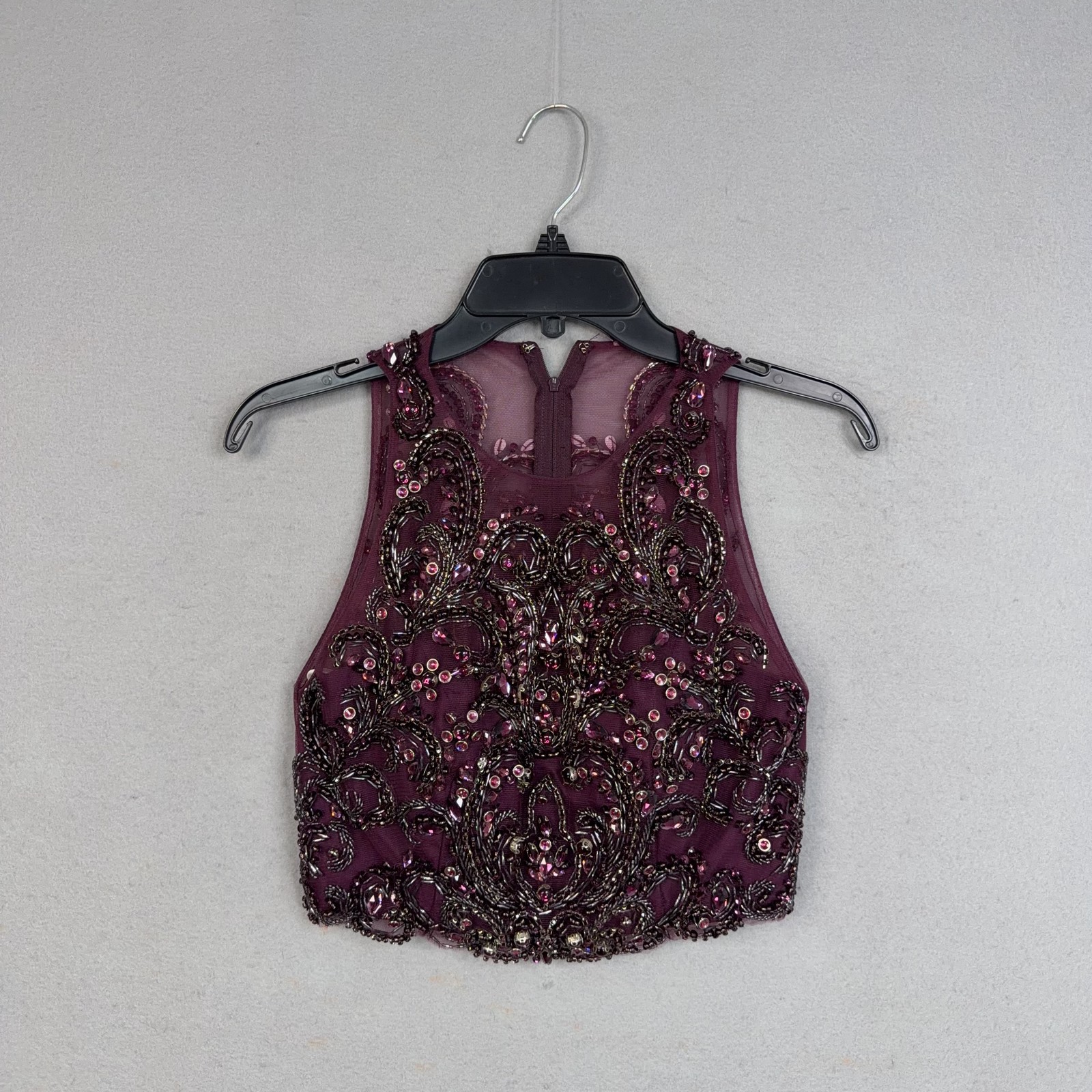 Alyce Paris Tank Top Womens 4 Purple Beaded Mesh High Neck Crop Prom Formal