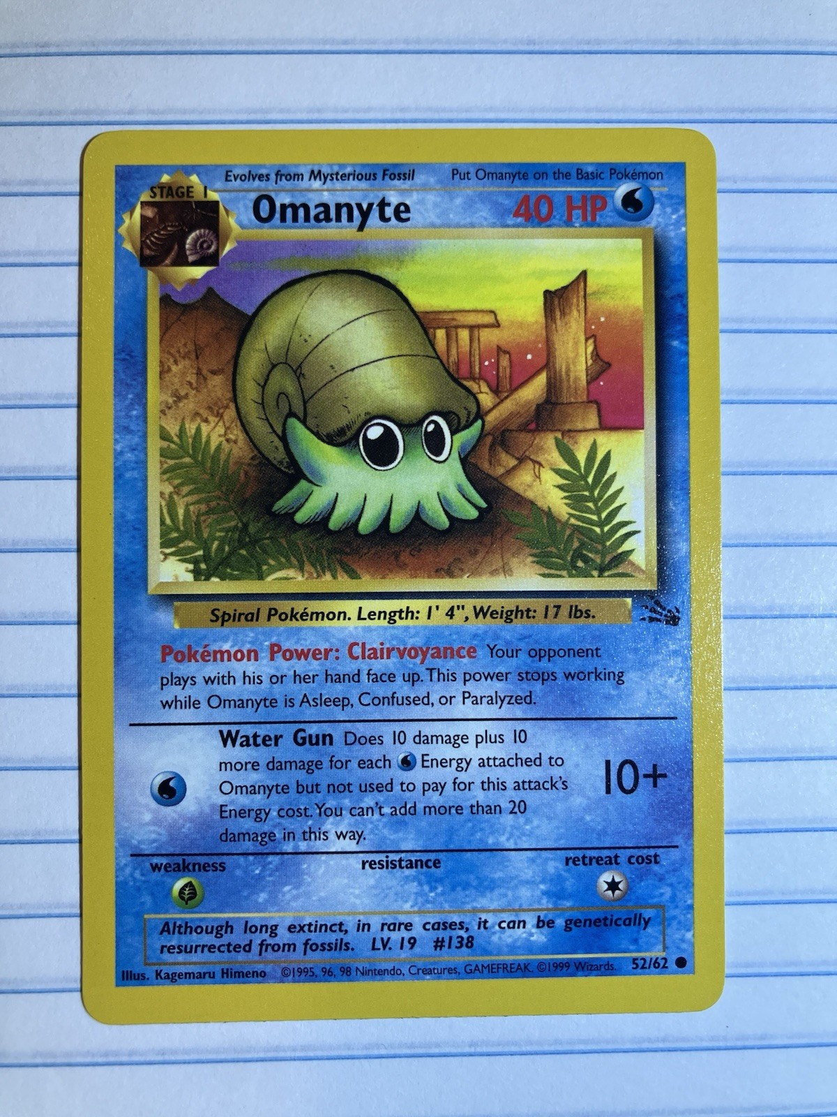 Pokémon TCG Omanyte Regular 52/62 Fossil Unlimited In NM Condition