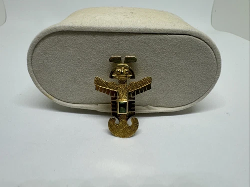 Vintage 18K Gold Emerald Pre-Columbian Pendant Brooch Pin Aztec Mayan Pendant