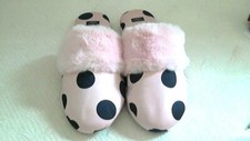 Victoria Secret Pink Fur Trim Black Polka Dot Slippers Women US LG 8-9 NEW
