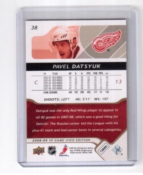 2008-09 SP Game Used Edition Card # 38 Pavel Datsyuk Detroit Red Wings 007/100 - Image 2 of 2