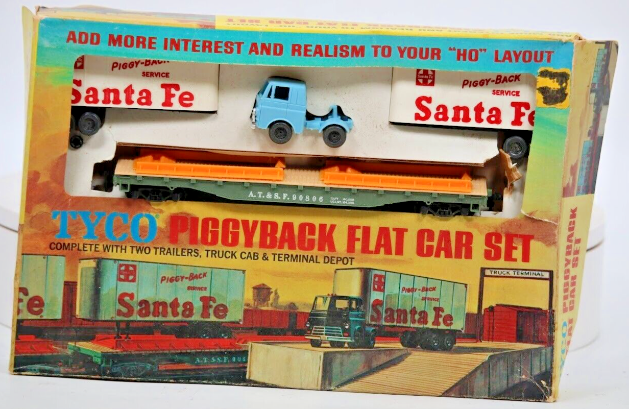 Vintage Tyco HO Scale Santa Fe Piggyback Flat Car Set with Original Box 348