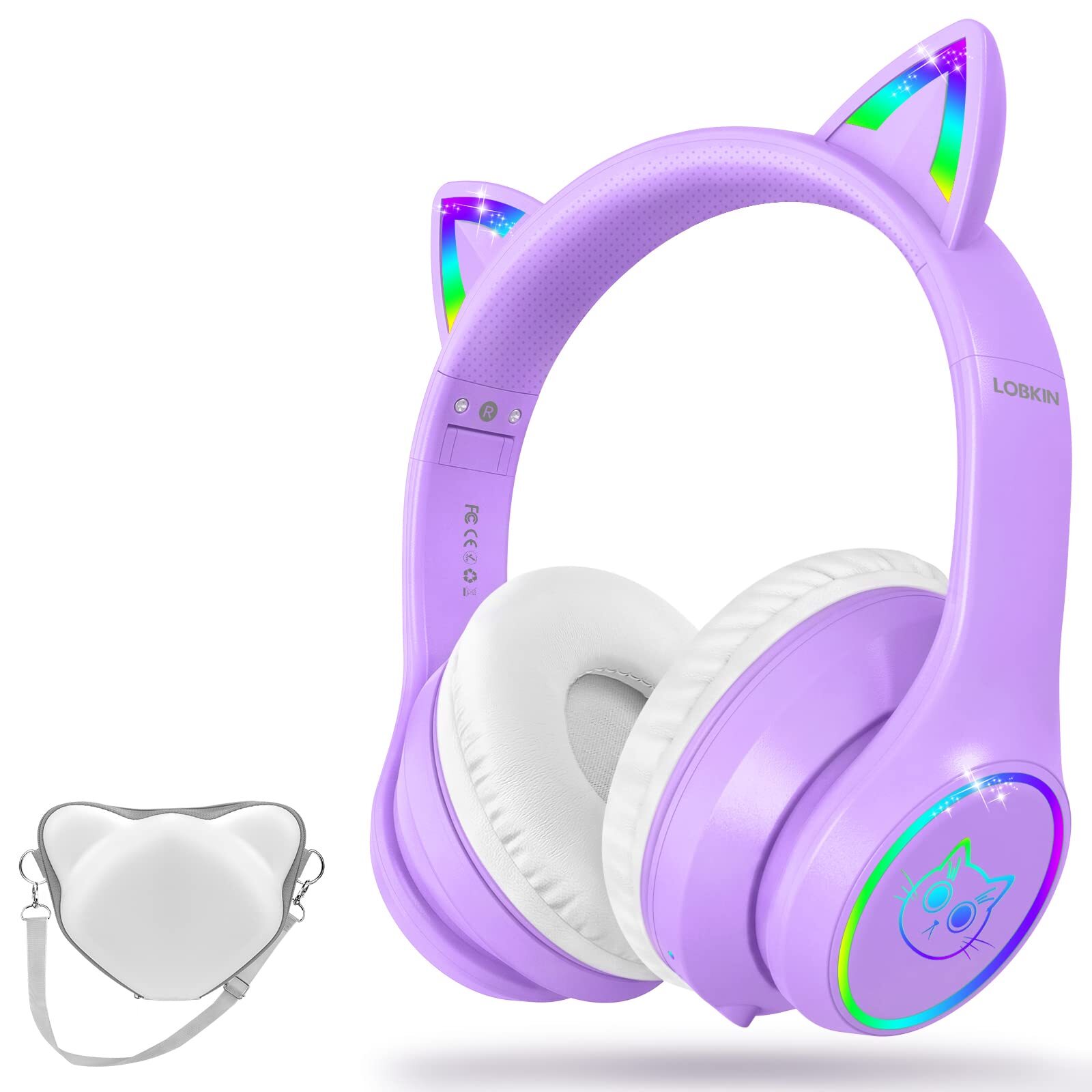 LOBKIN Bluetooth 5.3 Kids Headphones with LED Cat Ears and Case in 100 Char Limit  