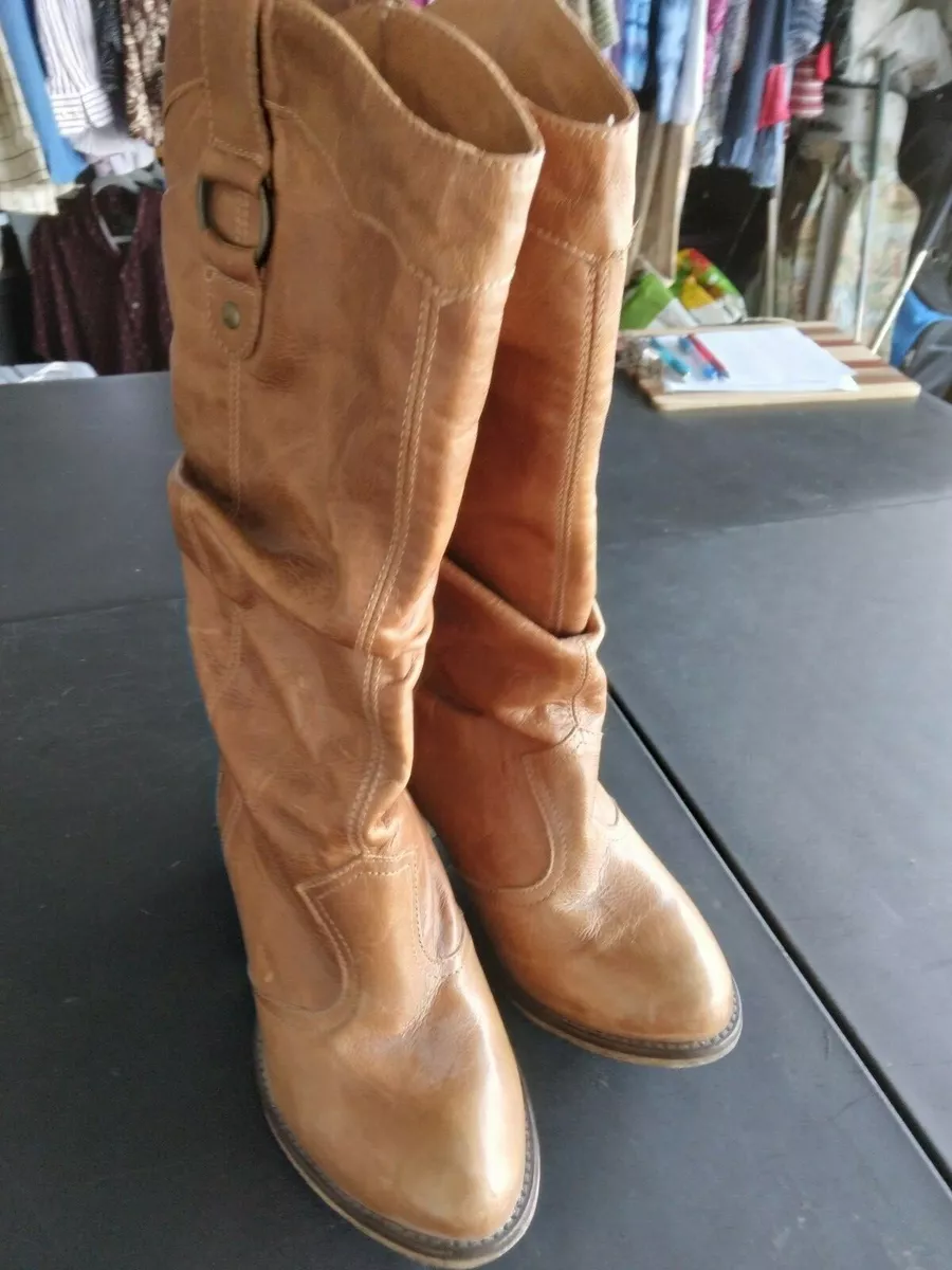 8.5 light brown leather boots. 13 inches tall. 3 inch heel. Very good  condition. | eBay