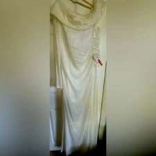Mac Duggal Ieena White Beaded Cuff Drop Shoulder Faux Wrap Gown 2657 sz 14 NWT