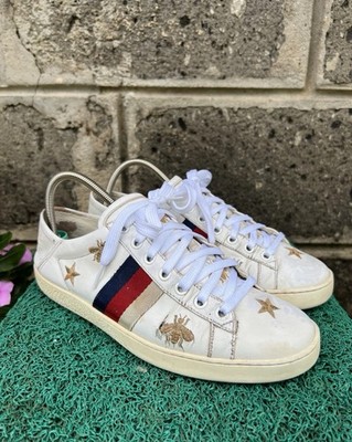 GUCCI Calfskin Bee Star Embroidered Sylvie Web Ace Sneakers EU 37 || US 6.5