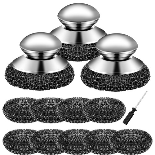3 Pcs Steel Wool Scrubber with Handle Heavy Duty Metal Pot Scrubber Brush 12 ...