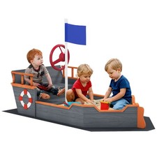 62 in. Wooden Kids Sandbox with Bottom Liner, Seats, Storage, Gray