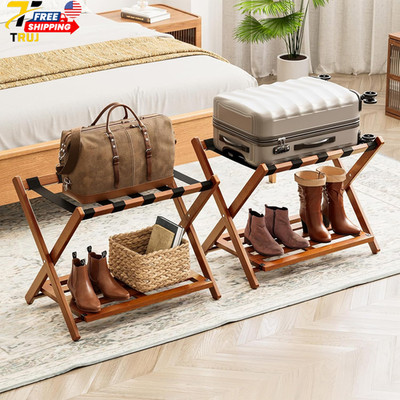 Fully Assembled Luggage Rack 2 Pack Bamboo Foldable Suitcase Stand for Guest Roo