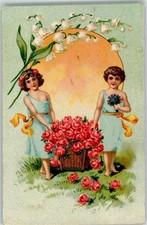 10684864 - Children Bring a Basket Roses Easter Bells Sun Lithograph