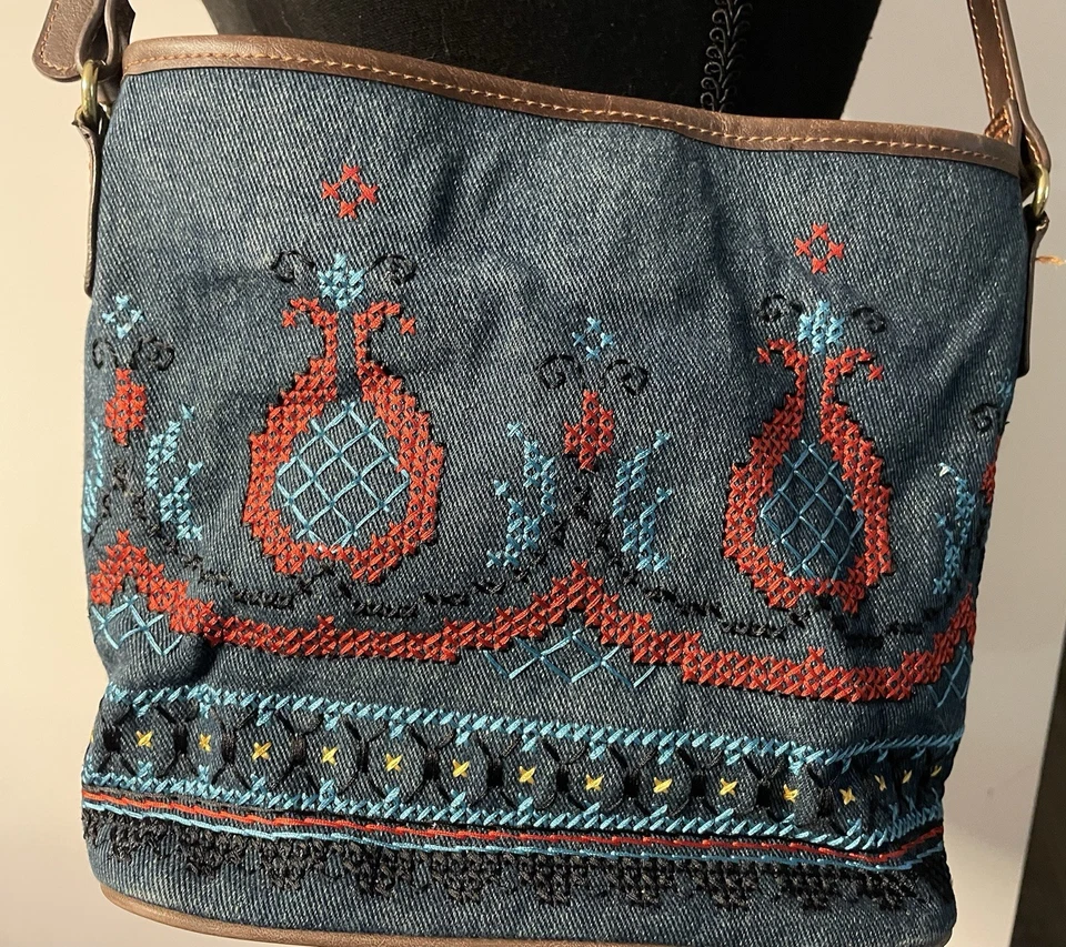 Реликвия женщин синий джинсовой ткани вышитый крест тела сумка/сумочка ретро богемное вид - Изображение 2 из 4