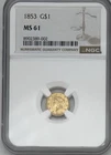 1853 1 $1 Liberty Head Gold Dollar Coin NGC MS61 Really Nice Original Pre 1933