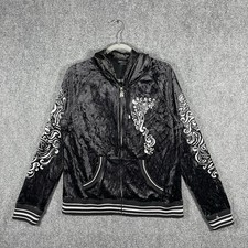 Y2K BCBGMAXAZRIA Rhinestone Velour Zip Up Jacket Black Size XL 1876