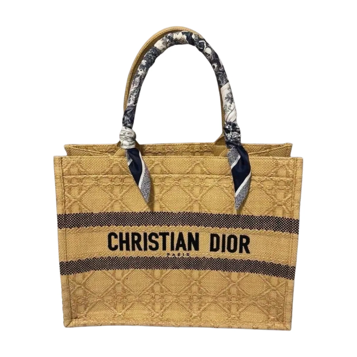 Christian Dior Medium Book Tote Raffia Straw Bag with Mitzah Scarf