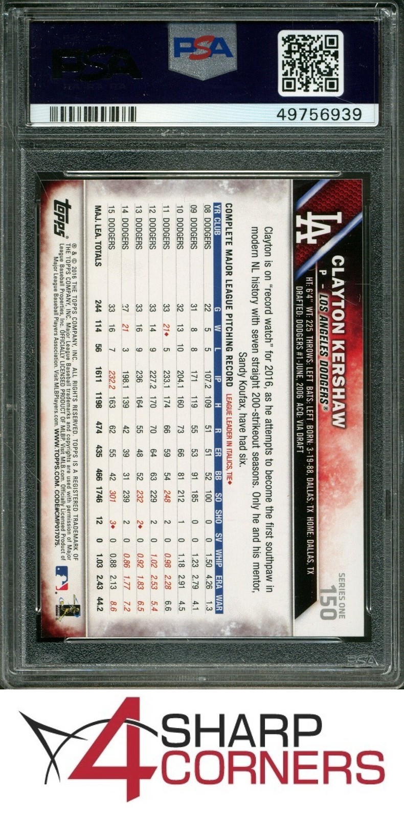 2016 TOPPS #150 CLAYTON KERSHAW DODGERS PITCHING PSA 10 view 2