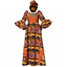 African Bell Sleeve Party Dress with Ankara Print  Headscarf