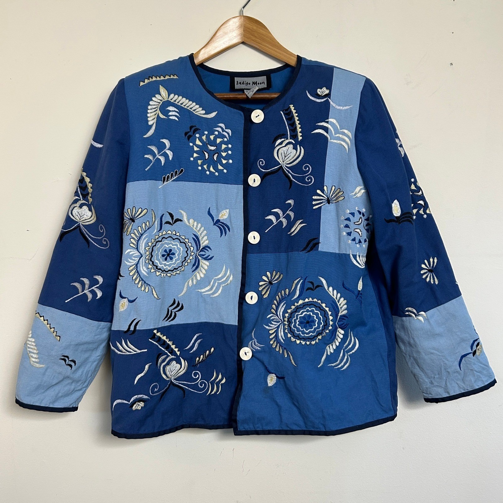 Indigo Moon Patchwork Embroidered Jacket Blue Whi… - image 3