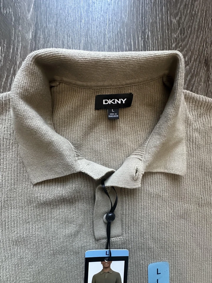 DKNY Suéter Polo Para Hombres Grande Crema Bronceado Manga Corta Algodón Tejido Nuevas Etiquetas Foto 4 de 4