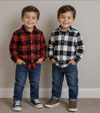 Lot Of 2 Boys Cat Jack Old Navy Size 4/5 Red Black Plaid Long Sleeve Flannel