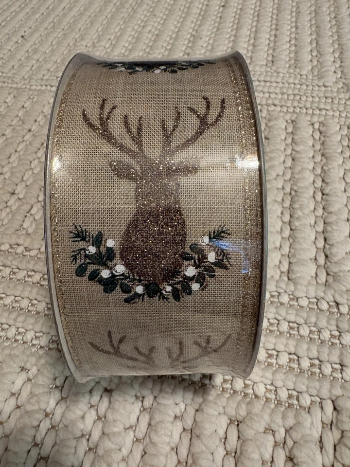 NEW Christmas 50 Yards Wired Edge Premium Ribbon Deer Gold Glitter 2.5"W - Image 2 of 4