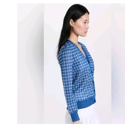  Tory Burch Sheer Plaid Boyfriend Cardigan Blue White Size S