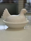 Vintage Indiana White Milk Glass Chicken Hen on Nest Covered Bowl Candy Dish 7 “