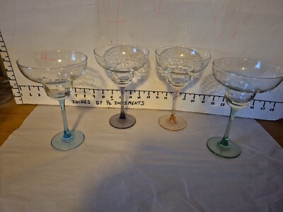 4 Vtg LUMINARC Margarita Glasses Optic Hammered Honeycomb Colored Stems 7 1/4 