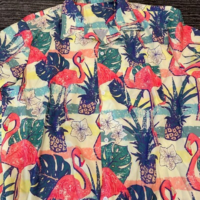 Golf Shirt Mens XL Button Up Hawaiian Shirt  Flamingo Pineapple Print Casual New