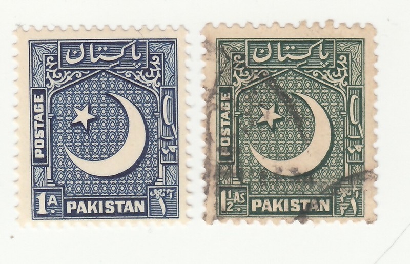 Pakistan 1949. Crescent and Star 1A & 1 1/2a.  Blue & Green. Sc 47-48 MNH & Used