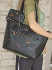 NEW Coach Black Leather Gallery Tote Wallet or Tote Option Embroidered Diary