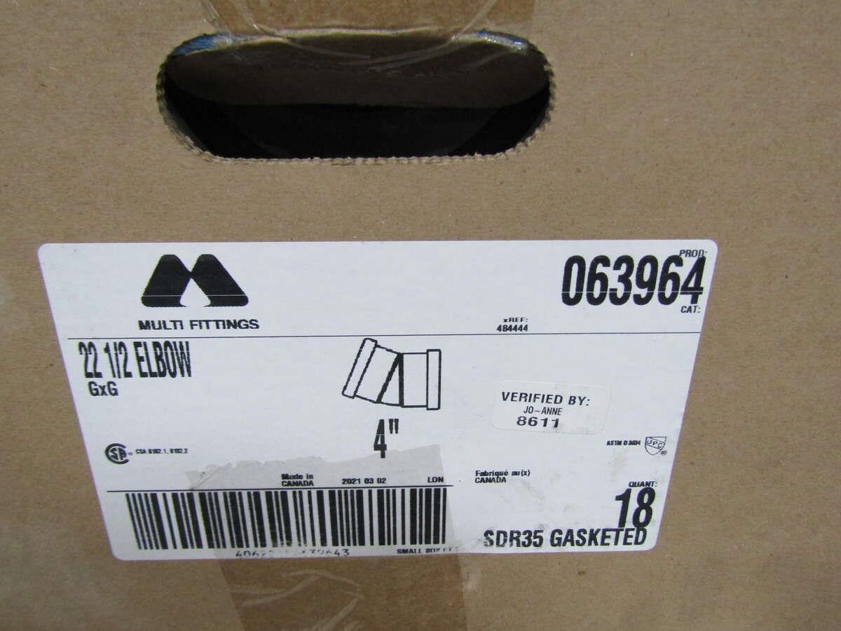 Multi Fittings 063964 Gasketed SDR35 221/2 Degree 4" PVC Elbow Sewer