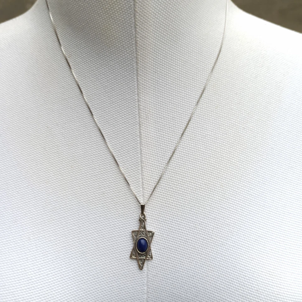 Винтажный серебряный звезда Давида ожерелье глубокий синий филигранный мужчин женщин 925 подарочная коробка - Изображение 3 из 4