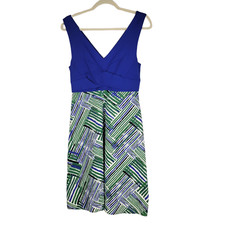 Anthropologie Dress by HD in Paris Blue Green Motif Sleeveless V-Neck Lined sz 2