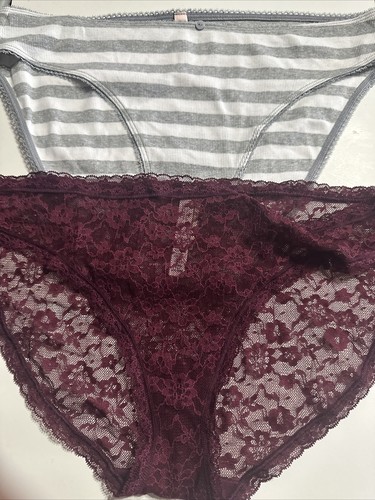 Lot 2 Victoria Secret Bikini Bikini Burgundy Lace Gray White Stripe Size XL NWT - 第 1/7 張圖片