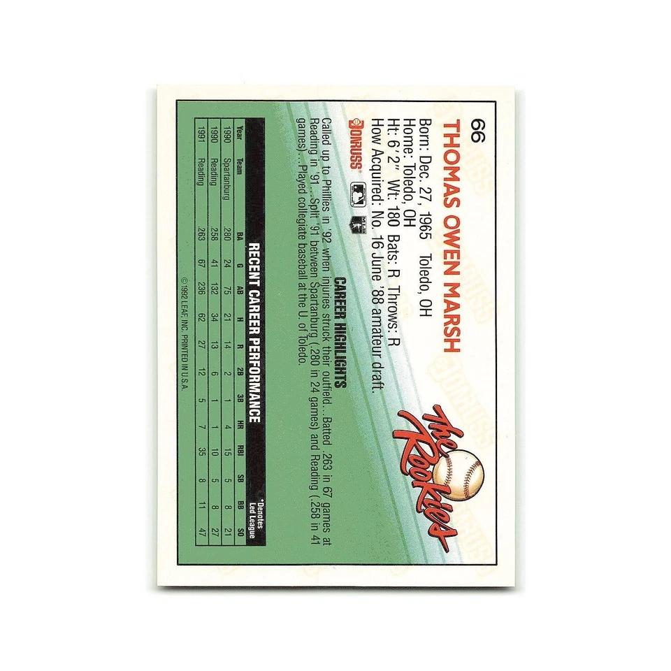 Tom Marsh Rookie 1992 Donruss The Rookies #66 Philadelphia Phillies NM - Image 2 of 3