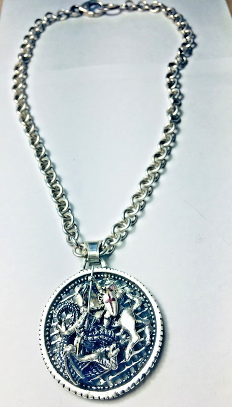 Saint George and the Dragon sterling silver, 10k Gold accented Medallion