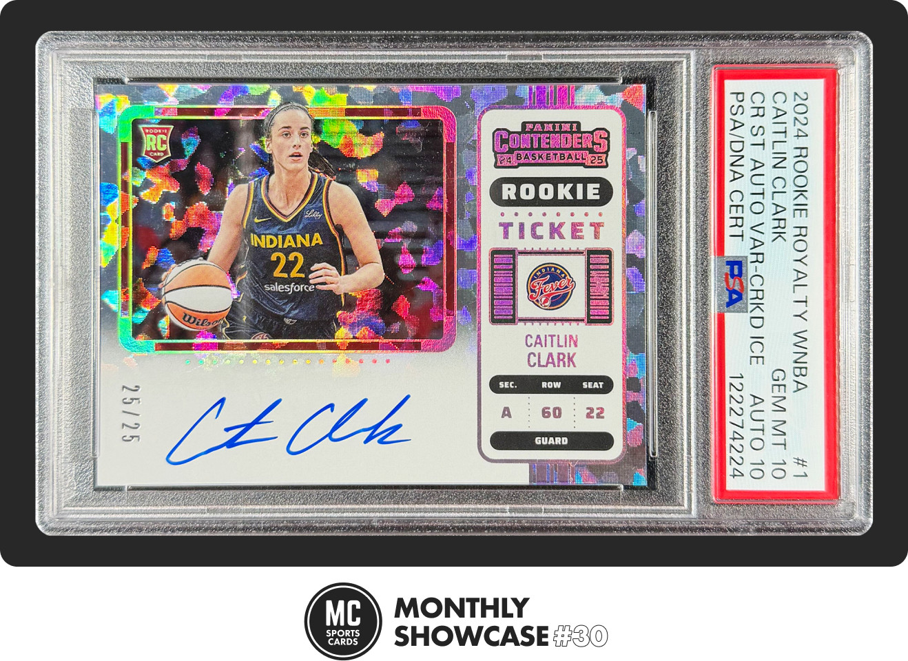 CAITLIN CLARK PSA 10 2024 ROYALTY CONTENDERS ROOKIE TICKET CRACKED ICE AUTO /25