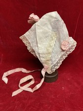 Antique Baby Bonnet Lace Linen Pink Silk Ribbon Victorian Christening Nice Cond