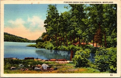Vintage Fishing Creek Dam Frederick MD Postcard Linen 1925 Postmarked