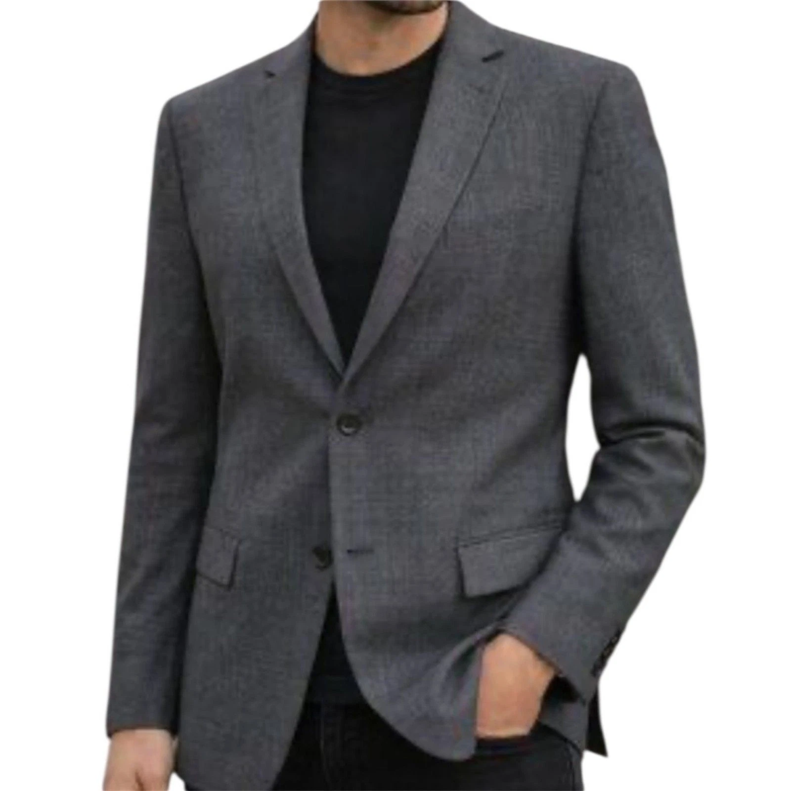 Express Mens Two Button Wool Blend Charcoal Gray Plaid Sport Coat Blazer Jacket