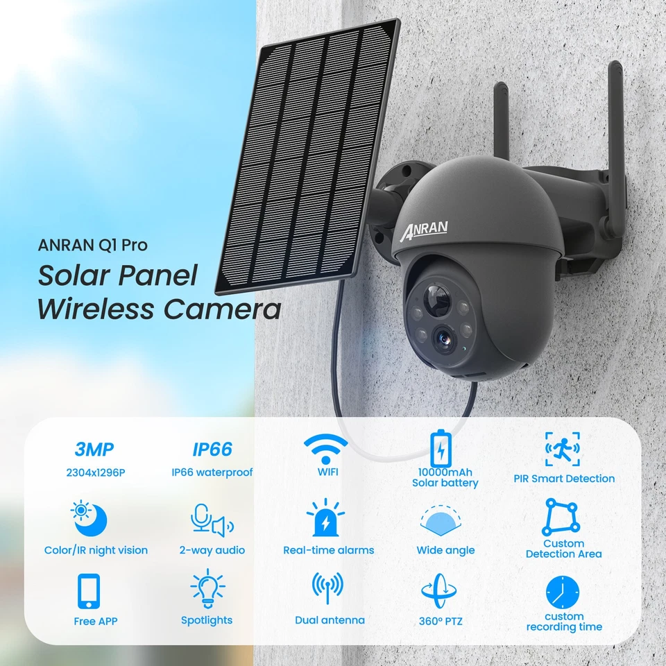 ANRAN Cámara de Seguridad Solar Exterior 3MP Wifi 360°PTZ Audio Alimentado por Batería Paquete de 2 Foto 2 de 4