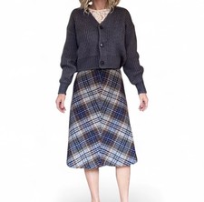 Vintage College Town Plaid Skirt 25  Waist A-Line Wool Midi Preppy Academia Blue