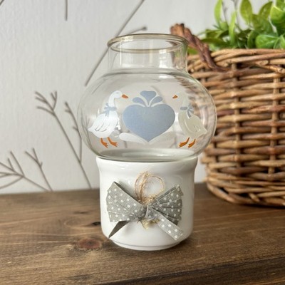 VTG Mini Glass Hurricane Candle Lamp Holder Goose Country Blue Heart Cottagecore