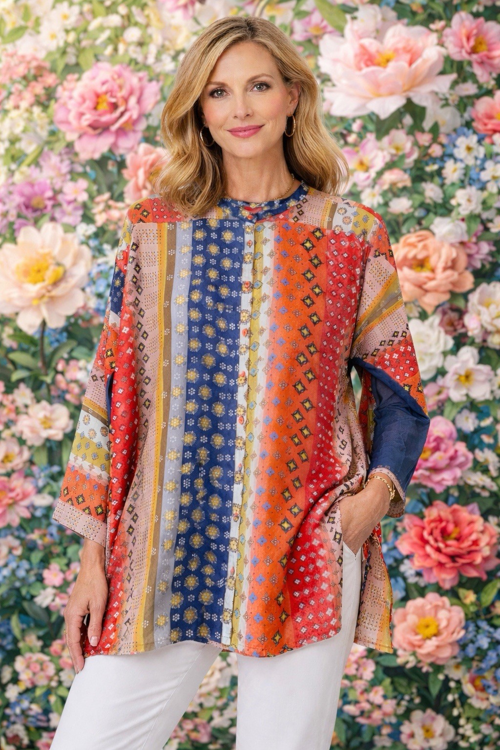 Johnny Was Silk Patchwork Tunic Top Multicolor Lo… - image 2