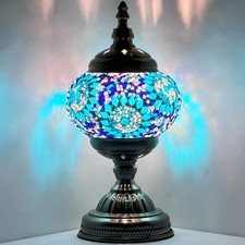 Stained Glass Mosaic Table Lamp Light Turkish Moroccan Turquoise Flowers w/Bulb