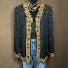 Laurence Kazar Beaded Silk Jacket Black Gold Embellished Open Front XL