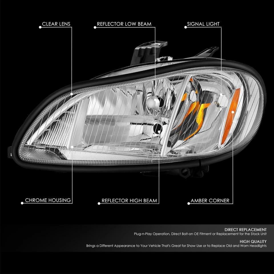 Pair Left+Right Set Chrome Headlights Headlamp For 03-19 Freightliner M2 106 112 - Image 2 of 4
