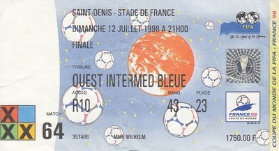 Ticket World Cup Final 12/07/98 France v Brazil in Paris Ronaldo Zidane No. 64.