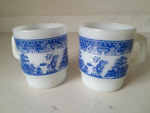 Vintage Pair Fire King Anchor Hocking Blue Willow Asian Scene Milk Glass Cup Mug