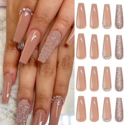 24PCS Artificial Nail Tips Coffin False Nails Wearable Rhinestone Fake Nails✿ x - Picture 5 of 10